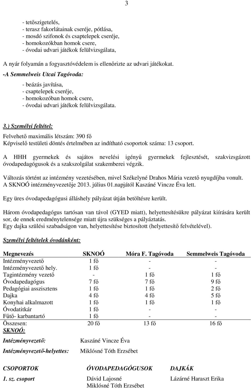 ) Személyi feltétel: Felvehetı maximális létszám: 390 fı Képviselı testületi döntés értelmében az indítható csoportok száma: 13 csoport.