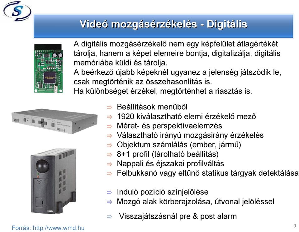 Beállítások menüből 1920 kiválasztható elemi érzékelő mező Méret- és perspektívaelemzés Választható irányú mozgásirány érzékelés Objektum számlálás (ember, jármű) 8+1 profil (tárolható