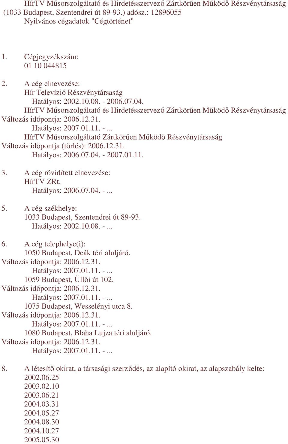 12.31. Hatályos: 2007.01.11. -... HírTV Mősorszolgáltató Zártkörően Mőködı Részvénytársaság Változás idıpontja (törlés): 2006.12.31. Hatályos: 2006.07.04. - 2007.01.11. 3.