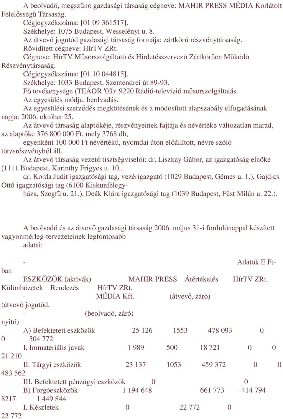 Cégjegyzékszáma: [01 10 044815]. Székhelye: 1033 Budapest, Szentendrei út 89-93. Fı tevékenysége (TEÁOR '03): 9220 Rádió-televízió mősorszolgáltatás. Az egyesülés módja: beolvadás.