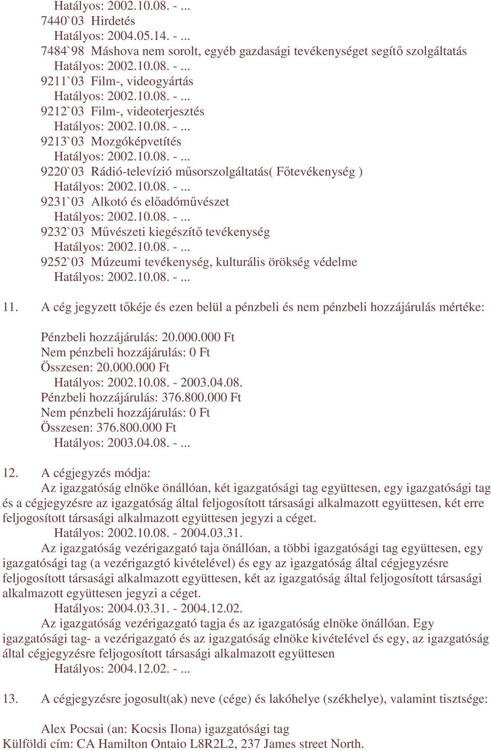 mősorszolgáltatás( Fıtevékenység ) 9231`03 Alkotó és elıadómővészet 9232`03 Mővészeti kiegészítı tevékenység 9252`03 Múzeumi tevékenység, kulturális örökség védelme 11.