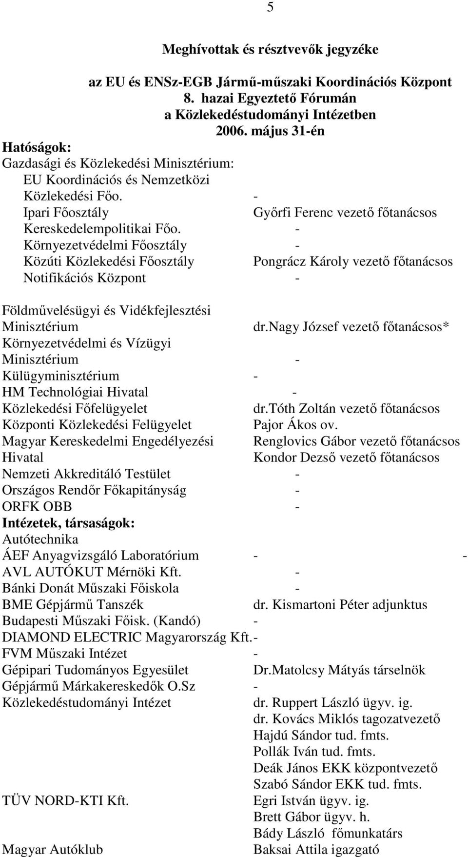 - Környezetvédelmi Fıosztály - Közúti Közlekedési Fıosztály Pongrácz Károly vezetı fıtanácsos Notifikációs Központ - Földmővelésügyi és Vidékfejlesztési Minisztérium dr.