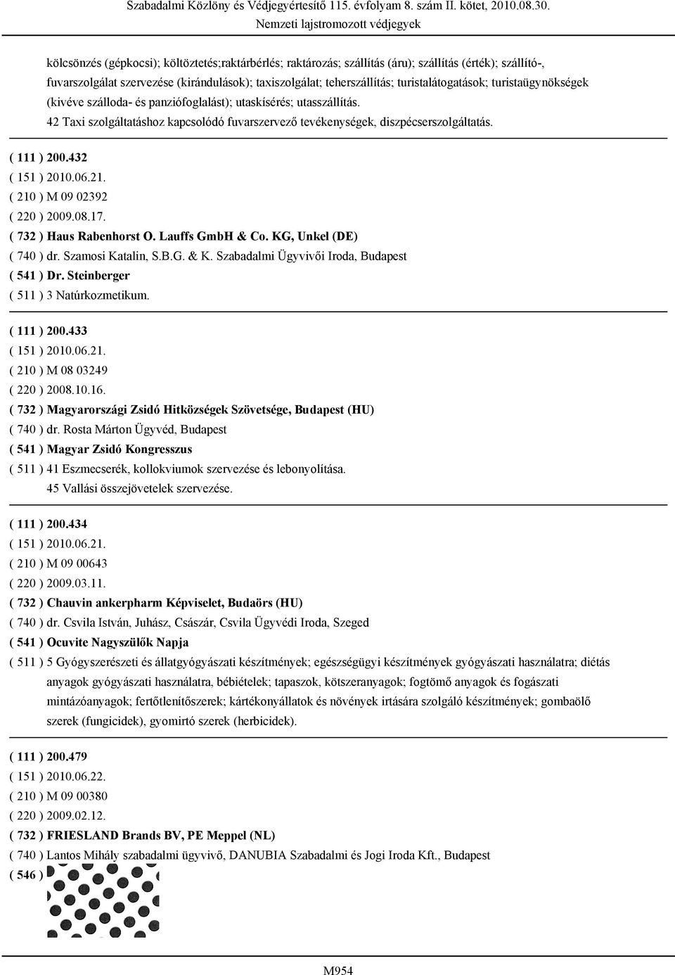 ( 111 ) 200.432 ( 151 ) 2010.06.21. ( 210 ) M 09 02392 ( 220 ) 2009.08.17. ( 732 ) Haus Rabenhorst O. Lauffs GmbH & Co. KG, Unkel (DE) ( 740 ) dr. Szamosi Katalin, S.B.G. & K.