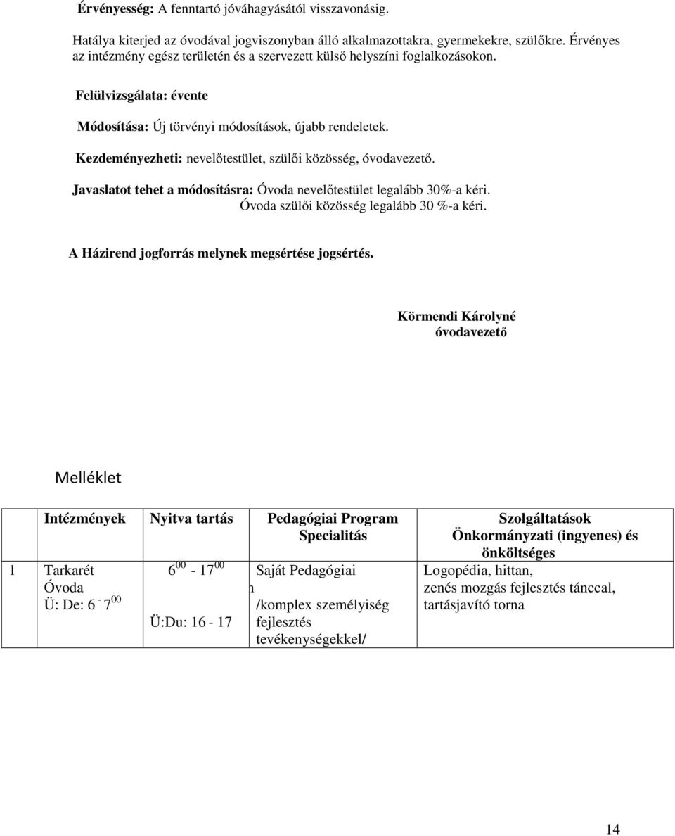 Kezdeményezheti: nevelőtestület, szülői közösség, óvodavezető. Javaslatot tehet a módosításra: Óvoda nevelőtestület legalább 30%-a kéri. Óvoda szülői közösség legalább 30 %-a kéri.