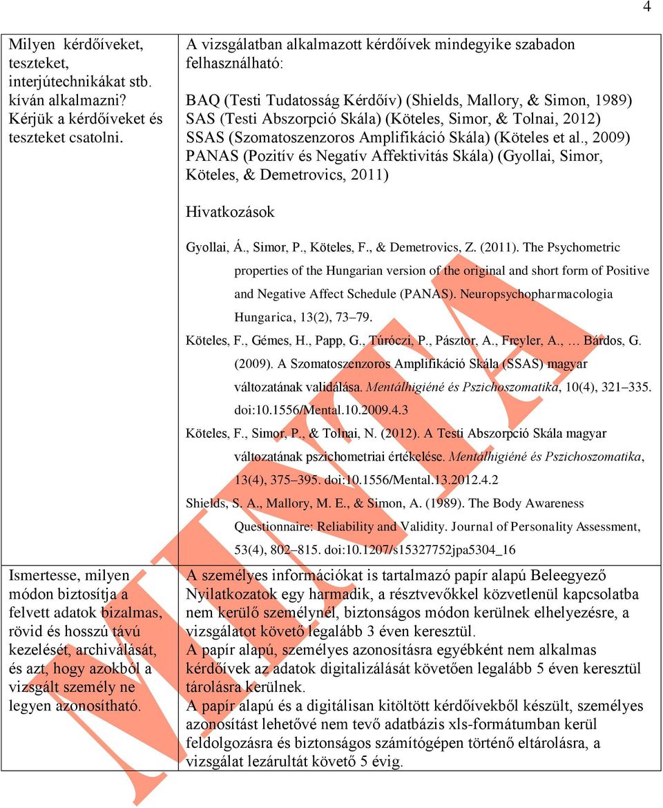 SSAS (Szomatoszenzoros Amplifikáció Skála) (Köteles et al.