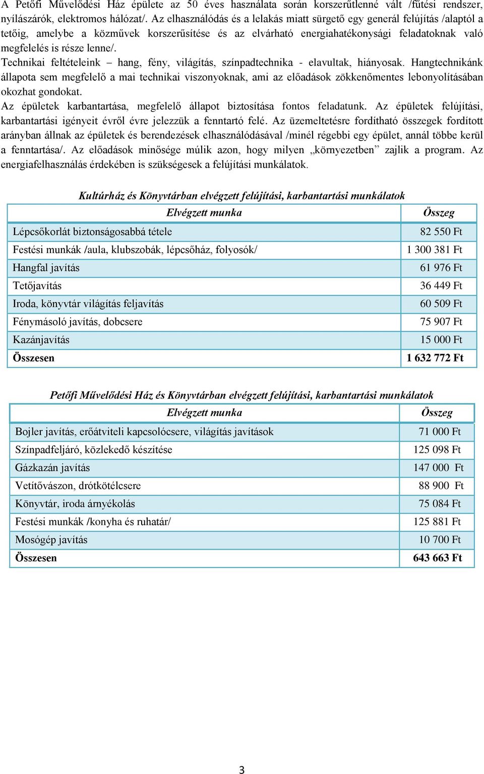 Technikai feltételeink hang, fény, világítás, színpadtechnika - elavultak, hiányosak.