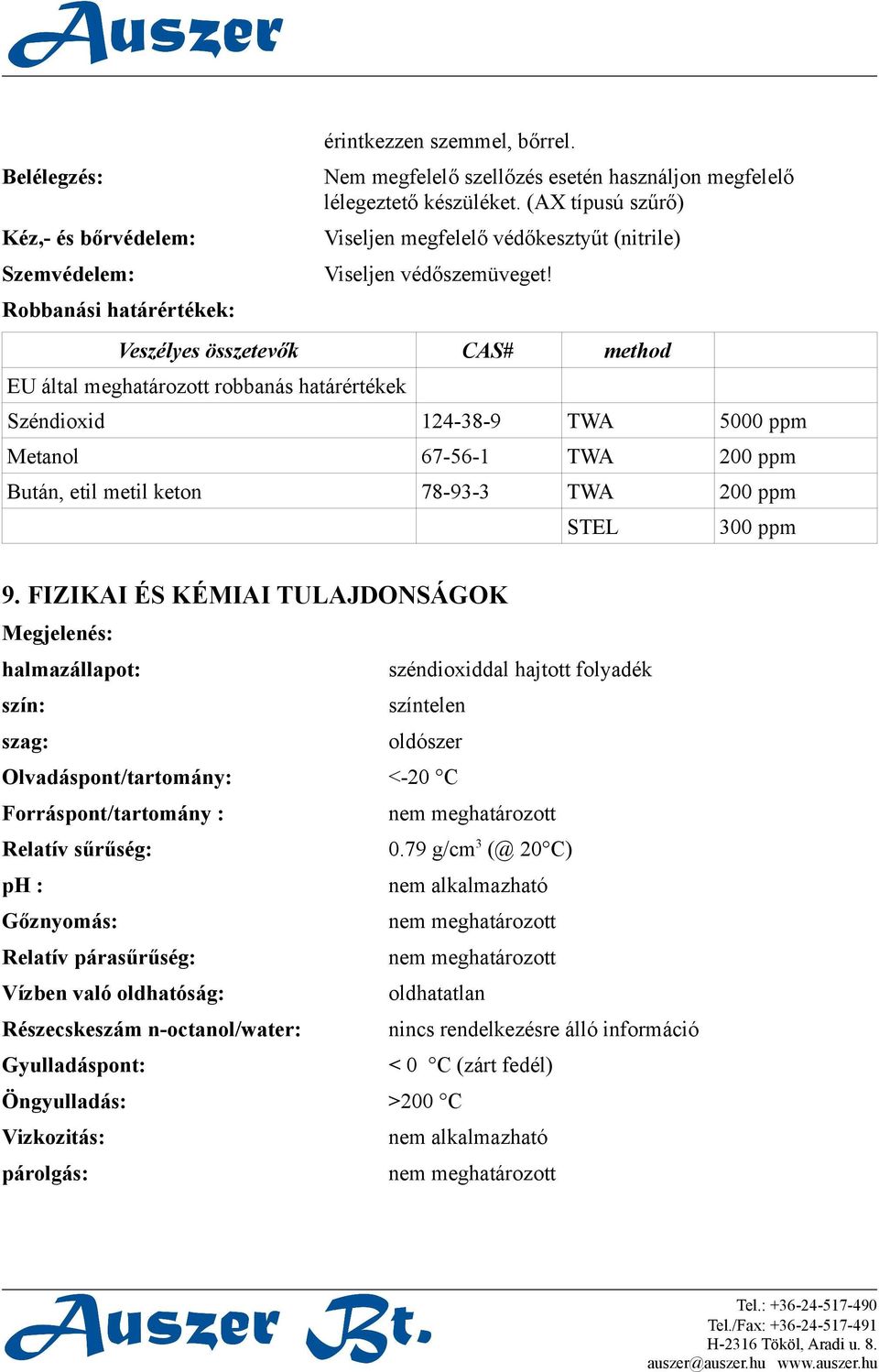 Veszélyes összetevők CAS# method EU által meghatározott robbanás határértékek Széndioxid 124-38-9 TWA 5000 ppm Metanol 67-56-1 TWA 200 ppm Bután, etil metil keton 78-93-3 TWA 200 ppm STEL 300 ppm 9.