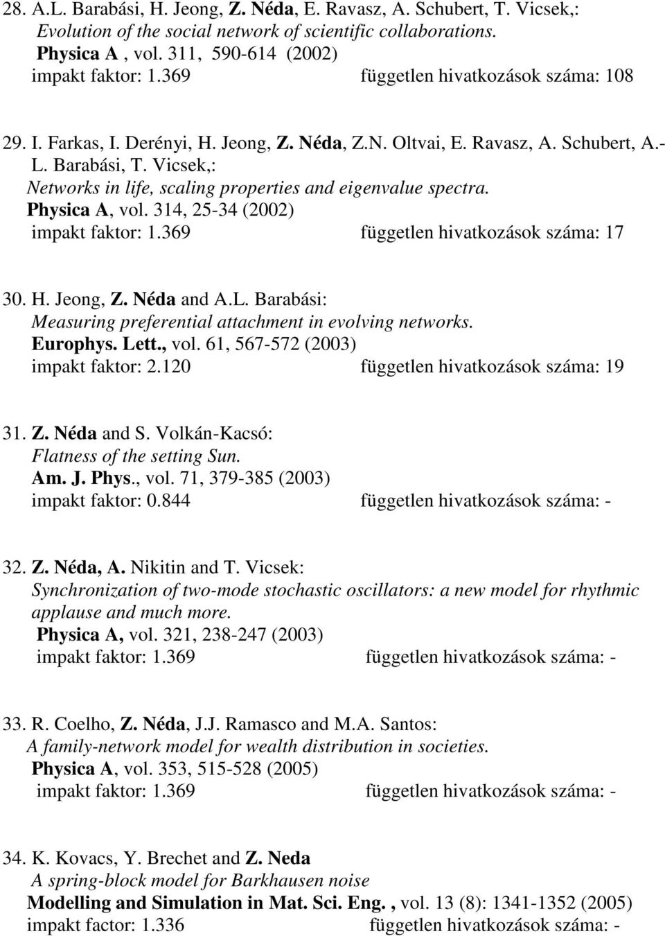 Vicsek,: Networks in life, scaling properties and eigenvalue spectra. Physica A, vol. 314, 25-34 (2002) impakt faktor: 1.369 független hivatkozások száma: 17 30. H. Jeong, Z. Néda and A.L.