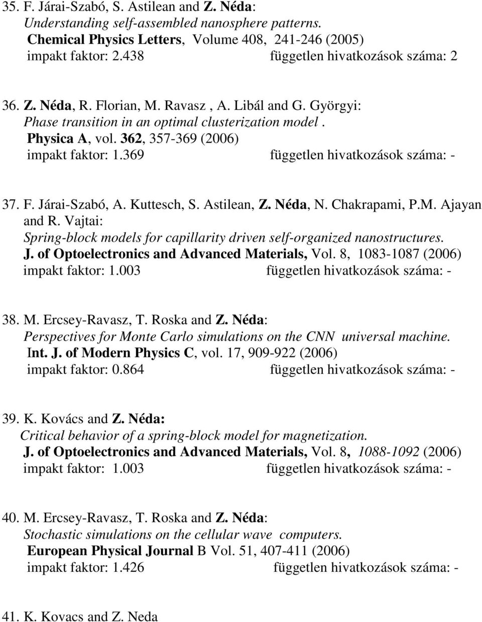 362, 357-369 (2006) impakt faktor: 1.369 független hivatkozások száma: - 37. F. Járai-Szabó, A. Kuttesch, S. Astilean, Z. Néda, N. Chakrapami, P.M. Ajayan and R.