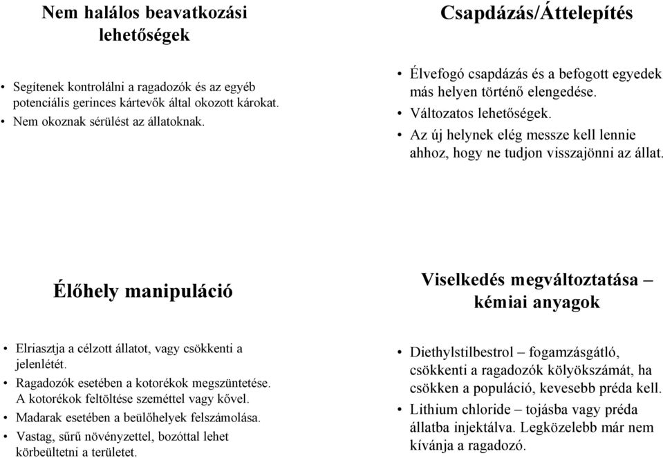 Élőhely manipuláció Viselkedés megváltoztatása kémiai anyagok Elriasztja a célzott állatot, vagy csökkenti a jelenlétét. Ragadozók esetében a kotorékok megszüntetése.