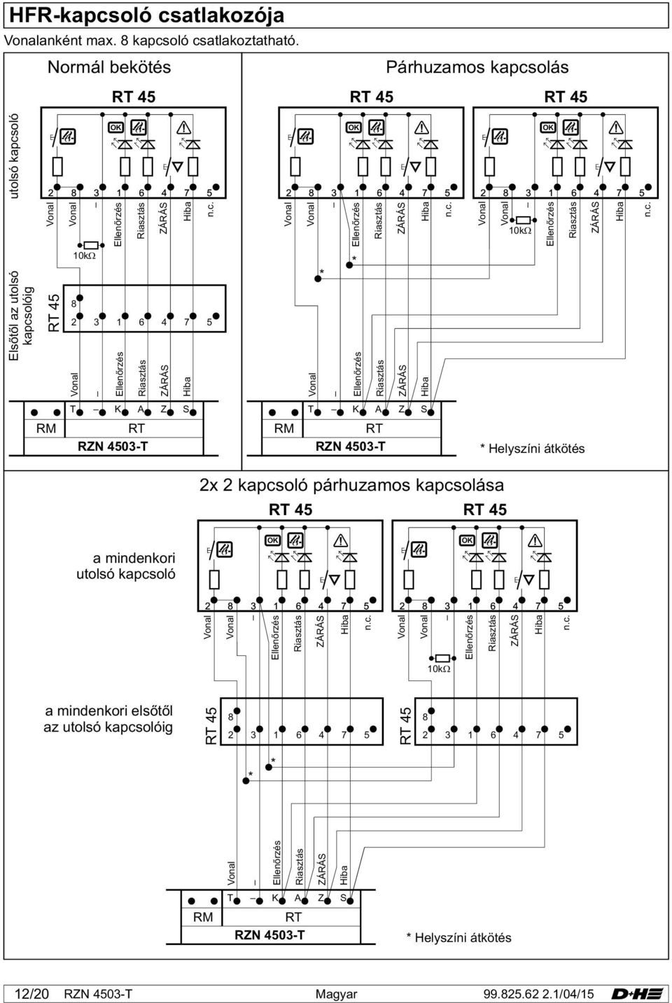 c. Elsőtől az utolsó kapcsolóig RT 45 10kW 8 2 3 1 6 4 7 5 Ellenőrzés Riasztás * * Ellenőrzés Riasztás T K A Z S T K A Z S RM RT RZN 4503-T RM RT RZN 4503-T * Helyszíni átkötés 2x 2 kapcsoló