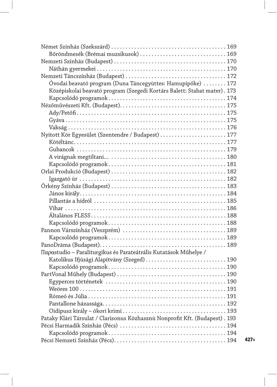 ....... 172 Középiskolai beavató program (Szegedi Kortárs Balett: Stabat mater). 173 Kapcsolódó programok......................................... 174 Nézőművészeti Kft. (Budapest)..................................... 175 Ady/Petőfi.