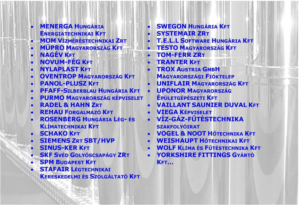 FIÓKTELEP PANOL-PLUSZ KFT UNIFLAIR MAGYARORSZÁG KFT PFAFF-SILBERBLAU HUNGÁRIA KFT UPONOR MAGYARORSZÁG PURMO MAGYARORSZÁG KÉPVISELET ÉPÜLETGÉPÉSZETI KFT RADEL & HAHN ZRT VAILLANT SAUNIER DUVAL KFT