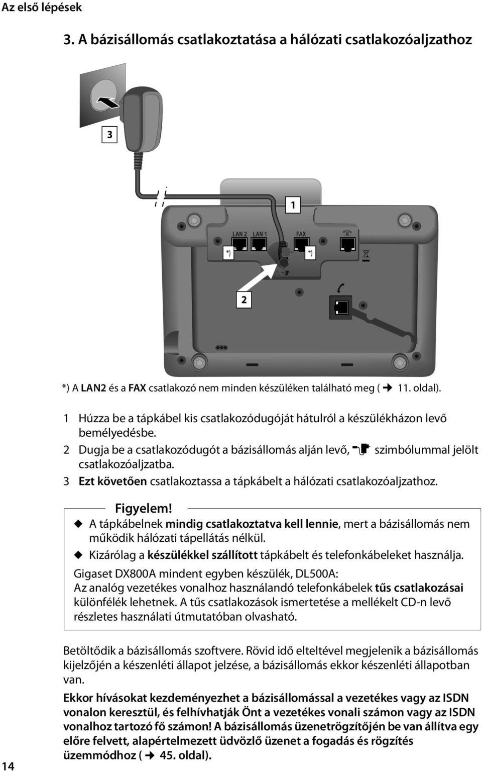 3 Ezt követően csatlakoztassa a tápkábelt a hálózati csatlakozóaljzathoz. Figyelem! u A tápkábelnek mindig csatlakoztatva kell lennie, mert a bázisállomás nem működik hálózati tápellátás nélkül.