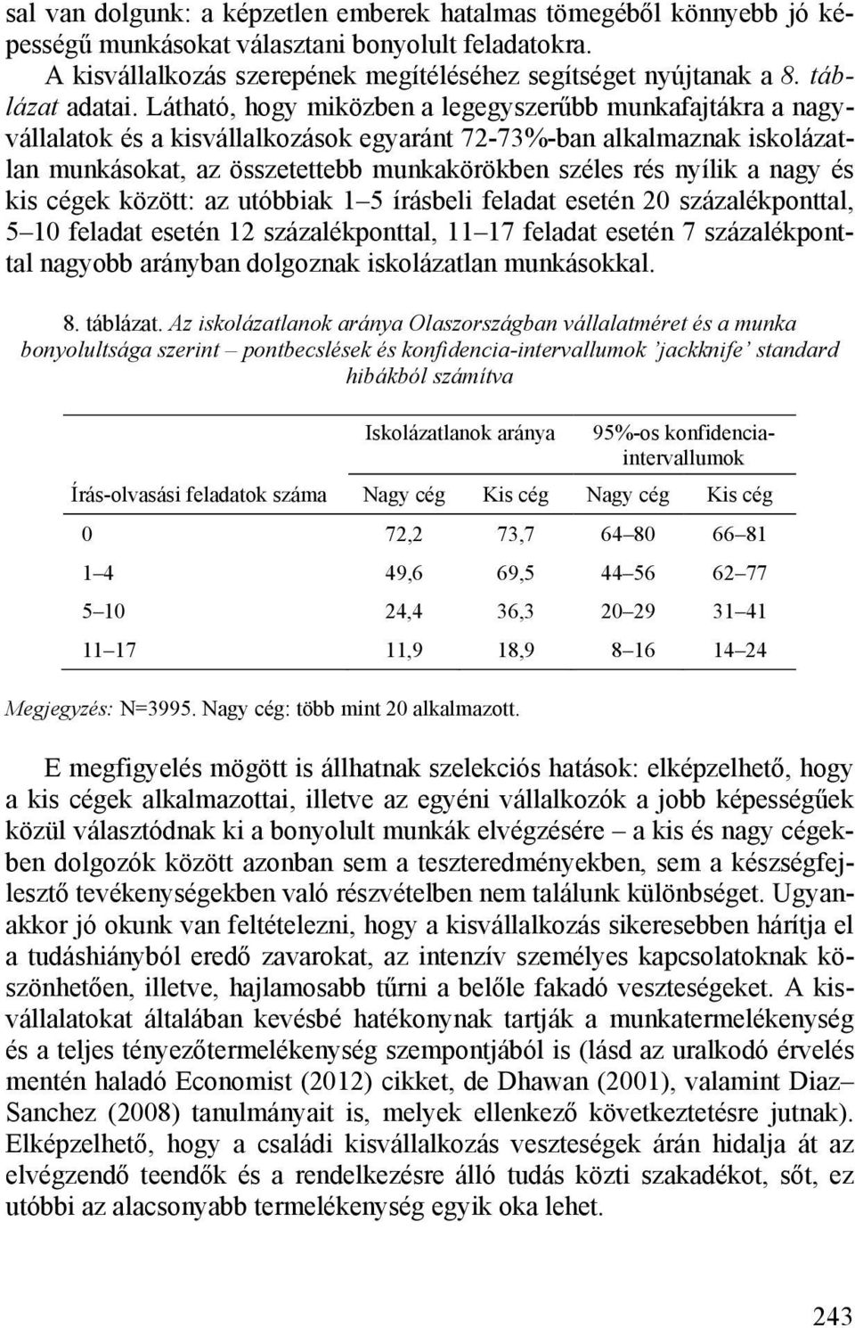 Látható, hogy miközben a legegyszerűbb munkafajtákra a nagyvállalatok és a kisvállalkozások egyaránt 72-73%-ban alkalmaznak iskolázatlan munkásokat, az összetettebb munkakörökben széles rés nyílik a