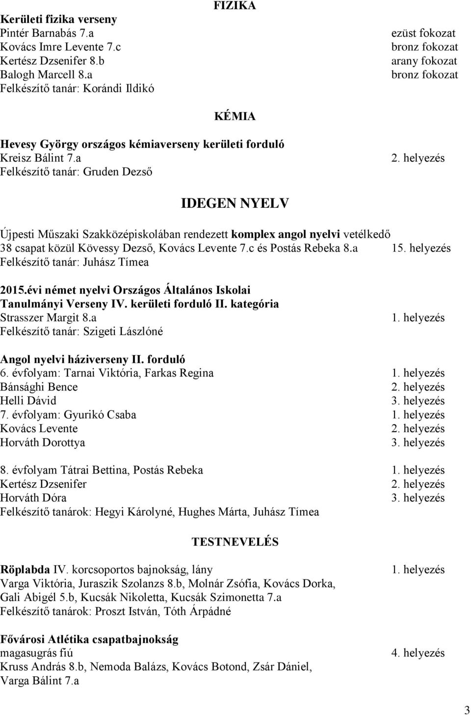 a Felkészítő tanár: Gruden Dezső IDEGEN NYELV Újpesti Műszaki Szakközépiskolában rendezett komplex angol nyelvi vetélkedő 38 csapat közül Kövessy Dezső, Kovács Levente 7.c és Postás Rebeka 8.a 15.