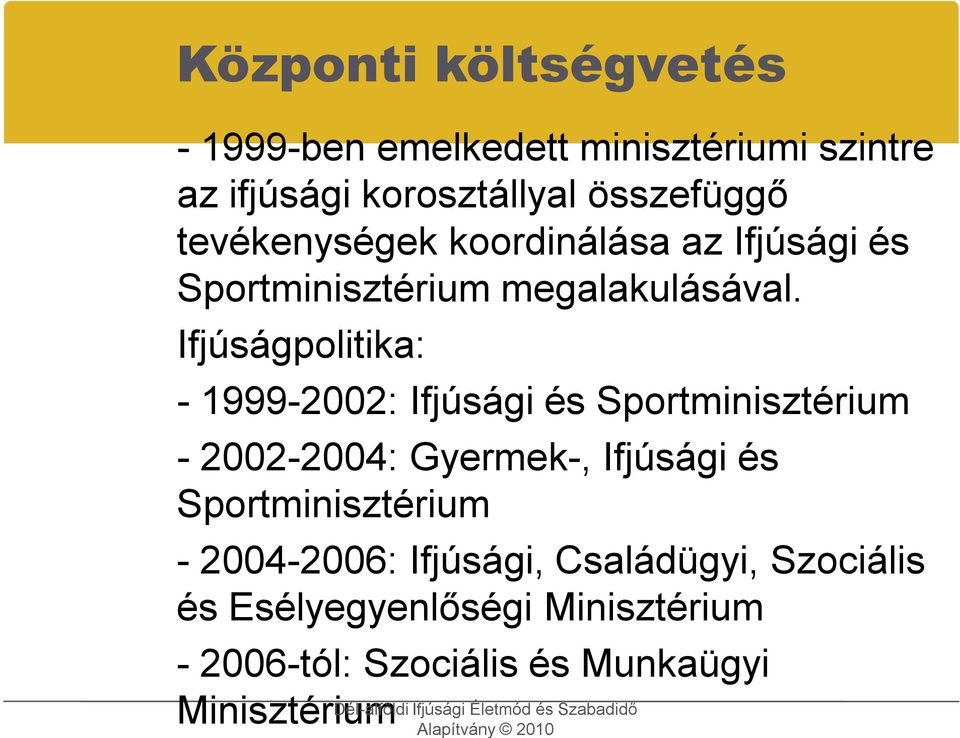 Ifjúságpolitika: - 1999-2002: Ifjúsági és Sportminisztérium - 2002-2004: Gyermek-, Ifjúsági és Sportminisztérium -