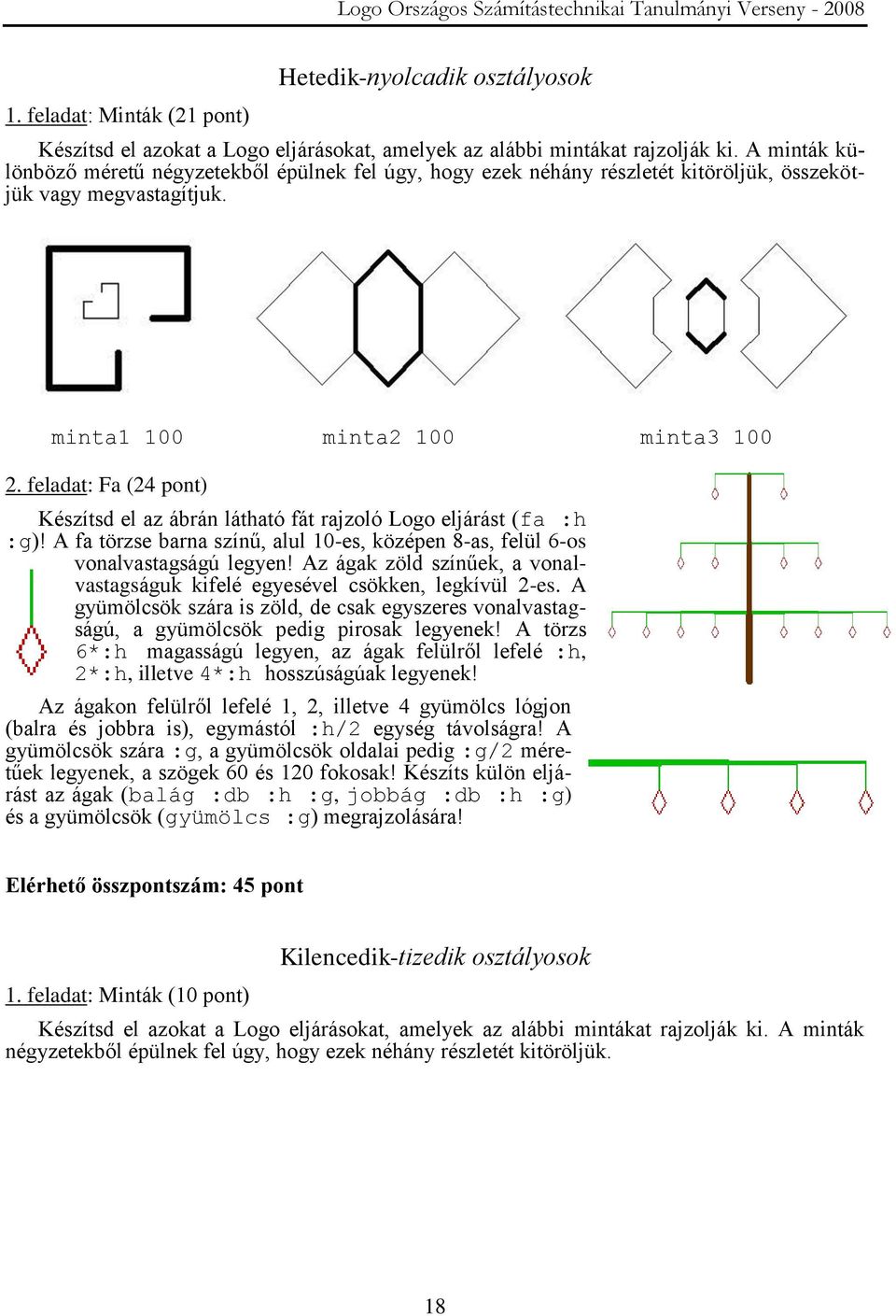 feladat: Fa (24 pont) Készítsd el az ábrán látható fát rajzoló Logo eljárást (fa :h :g)! A fa törzse barna színű, alul 10-es, középen 8-as, felül 6-os vonalvastagságú legyen!