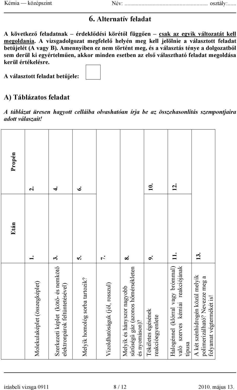 Amennyiben ez nem történt meg, és a választás ténye a dolgozatból sem derül ki egyértelműen, akkor minden esetben az első választható feladat megoldása kerül értékelésre.