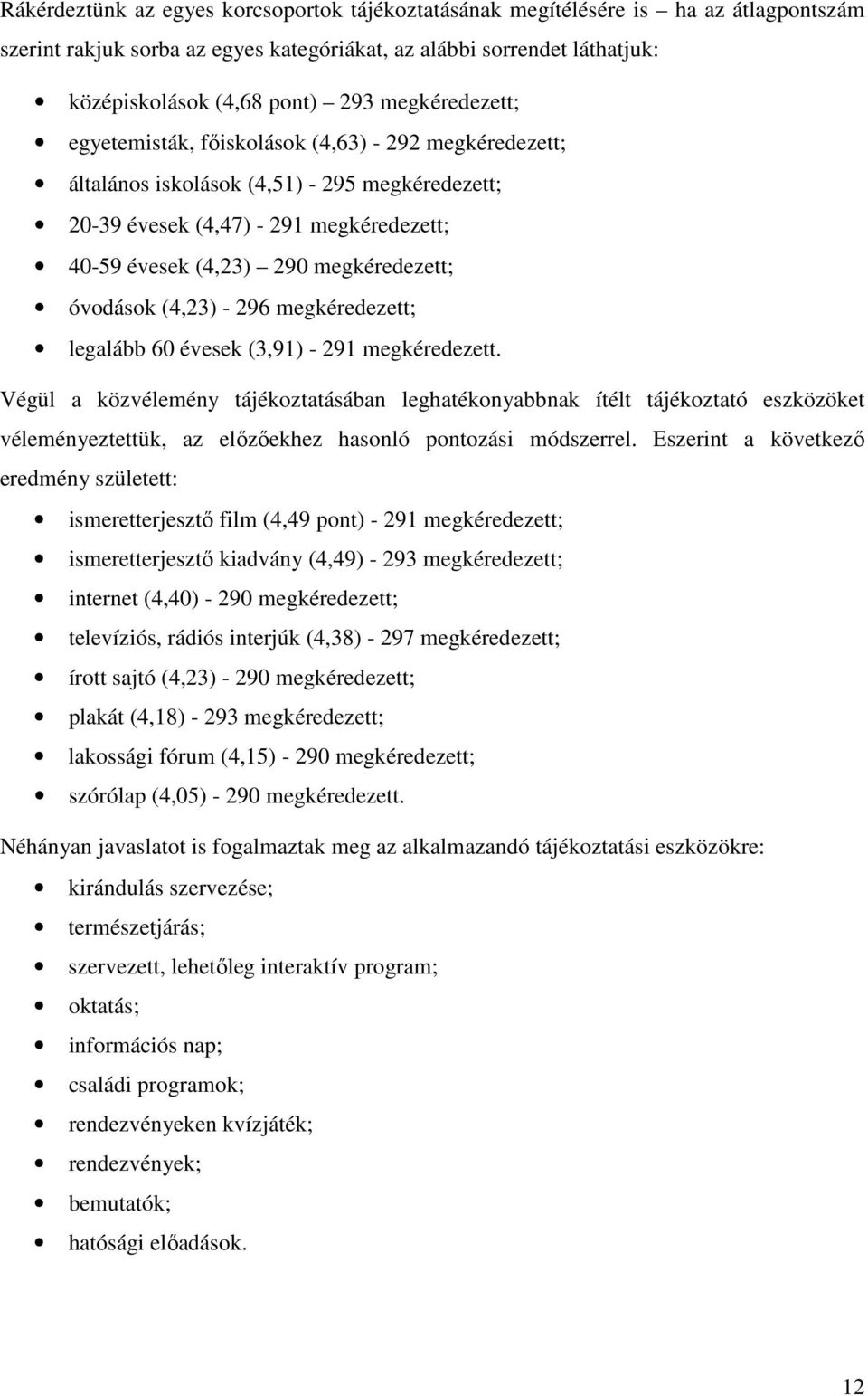 óvodások (4,23) - 296 megkéredezett; legalább 60 évesek (3,91) - 291 megkéredezett.