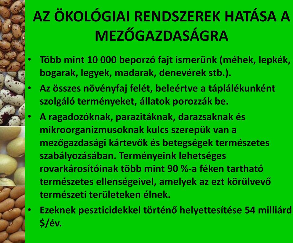 A ragadozóknak, parazitáknak, darazsaknak és mikroorganizmusoknak kulcs szerepük van a mezőgazdasági kártevők és betegségek természetes szabályozásában.