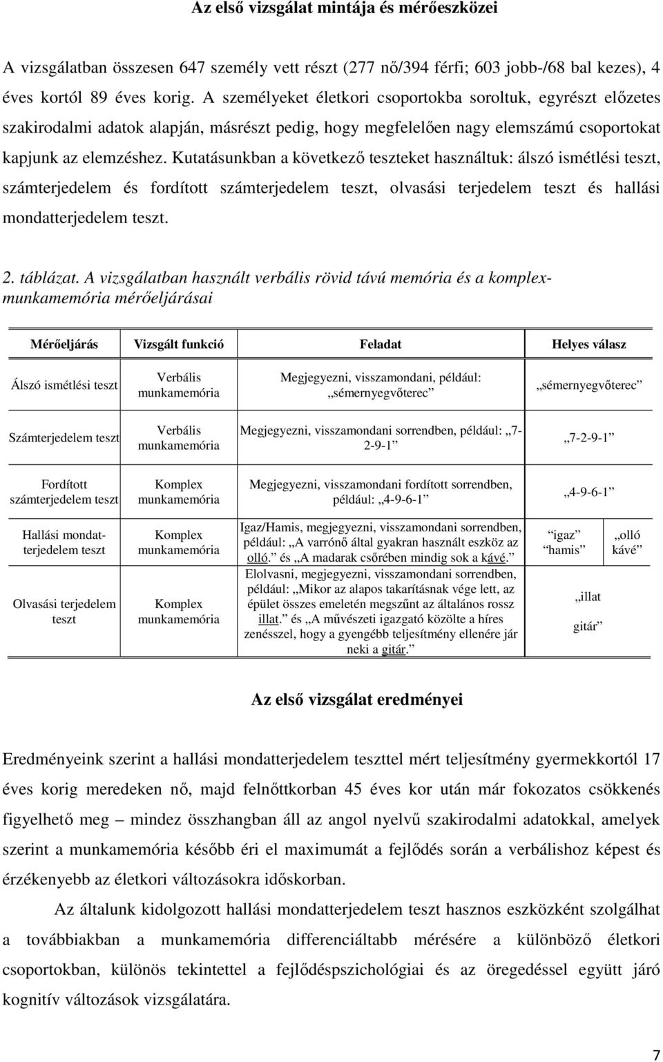 Kutatásunkban a következı teszteket használtuk: álszó ismétlési teszt, számterjedelem és fordított számterjedelem teszt, olvasási terjedelem teszt és hallási mondatterjedelem teszt. 2. táblázat.