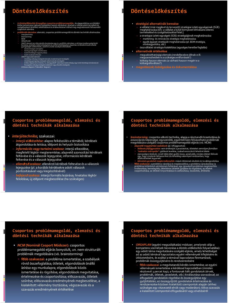 meghatározott felhasználói csoportok számára. problémák elemzése: elemzési, csoportos problémamegoldó és interjútechnika brainstorming NCM ORGAPLAN SWOT elemzés (az információk elrendezése egy ún.