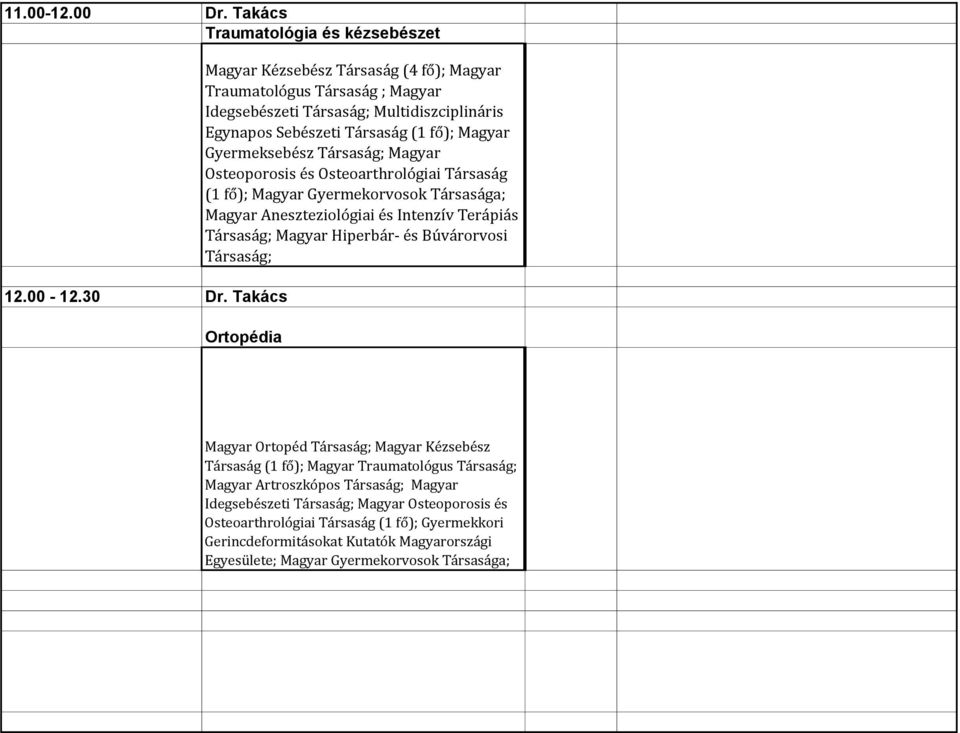 Magyar Osteoporosis és Osteoarthrológiai Társaság (1 fő); Magyar Gyermekorvosok Társasága; Magyar Aneszteziológiai és Intenzív Terápiás Társaság; Magyar Hiperbár- és Búvárorvosi Társaság;