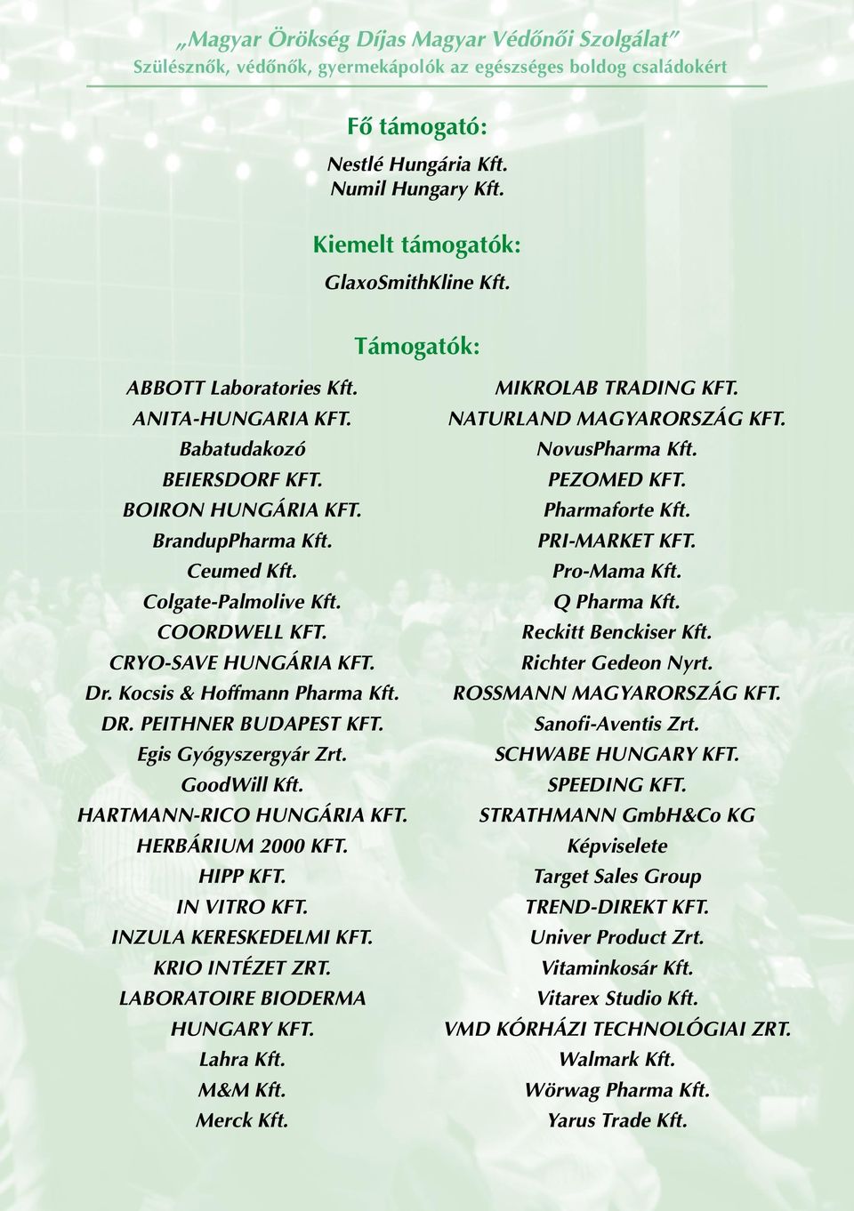 COORDWELL KFT. CRYO-SAVE HUNGÁRIA KFT. Dr. Kocsis & Hoffmann Pharma Kft. DR. PEITHNER BUDAPEST KFT. Egis Gyógyszergyár Zrt. GoodWill Kft. HARTMANN-RICO HUNGÁRIA KFT. HERBÁRIUM 2000 KFT. HIPP KFT.