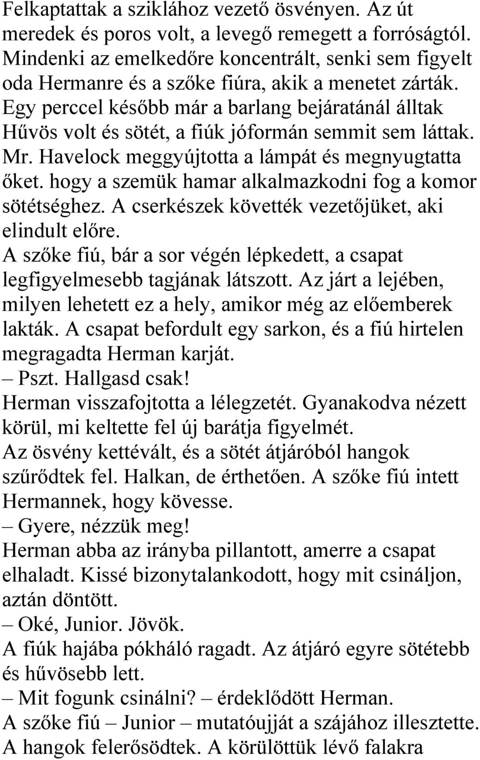 Egy perccel később már a barlang bejáratánál álltak Hűvös volt és sötét, a fiúk jóformán semmit sem láttak. Mr. Havelock meggyújtotta a lámpát és megnyugtatta őket.