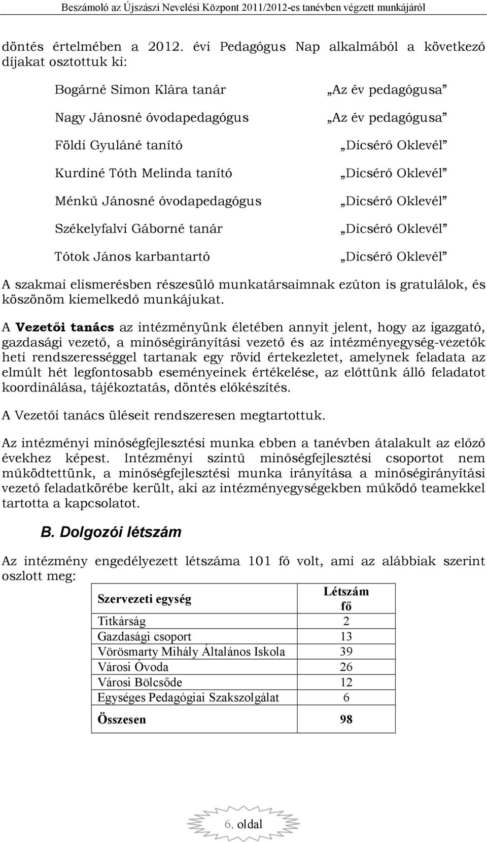 Székelyfalvi Gáborné tanár Tótok János karbantartó Az év pedagógusa Az év pedagógusa Dicsérı Oklevél Dicsérı Oklevél Dicsérı Oklevél Dicsérı Oklevél Dicsérı Oklevél A szakmai elismerésben részesülı