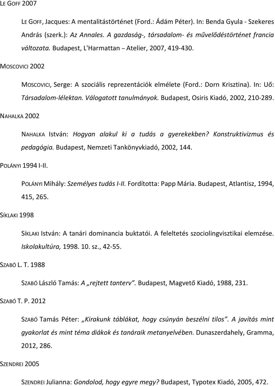 Budapest, Osiris Kiadó, 2002, 210-289. NAHALKA 2002 NAHALKA István: Hogyan alakul ki a tudás a gyerekekben? Konstruktivizmus és pedagógia. Budapest, Nemzeti Tankönyvkiadó, 2002, 144.