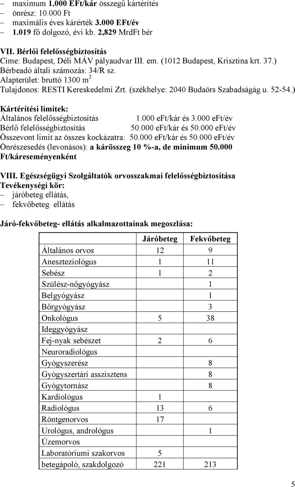 Alapterület: bruttó 1300 m 2 Tulajdonos: RESTI Kereskedelmi Zrt. (székhelye: 2040 Budaörs Szabadságág u. 52-54.) Kártérítési limitek: Általános felelősségbiztosítás 1.000 eft/kár és 3.