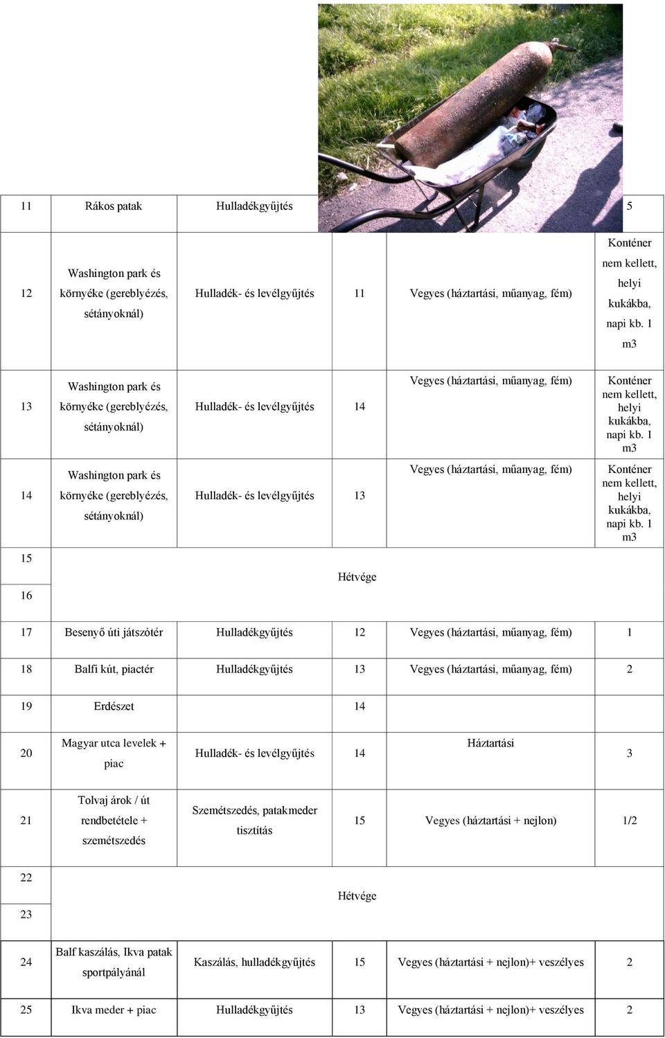 1 m3 14 Washington park és környéke (gereblyézés, sétányoknál) Hulladék- és levélgyűjtés 13 Vegyes (háztartási, műanyag, fém) Konténer nem kellett, helyi kukákba, napi kb.