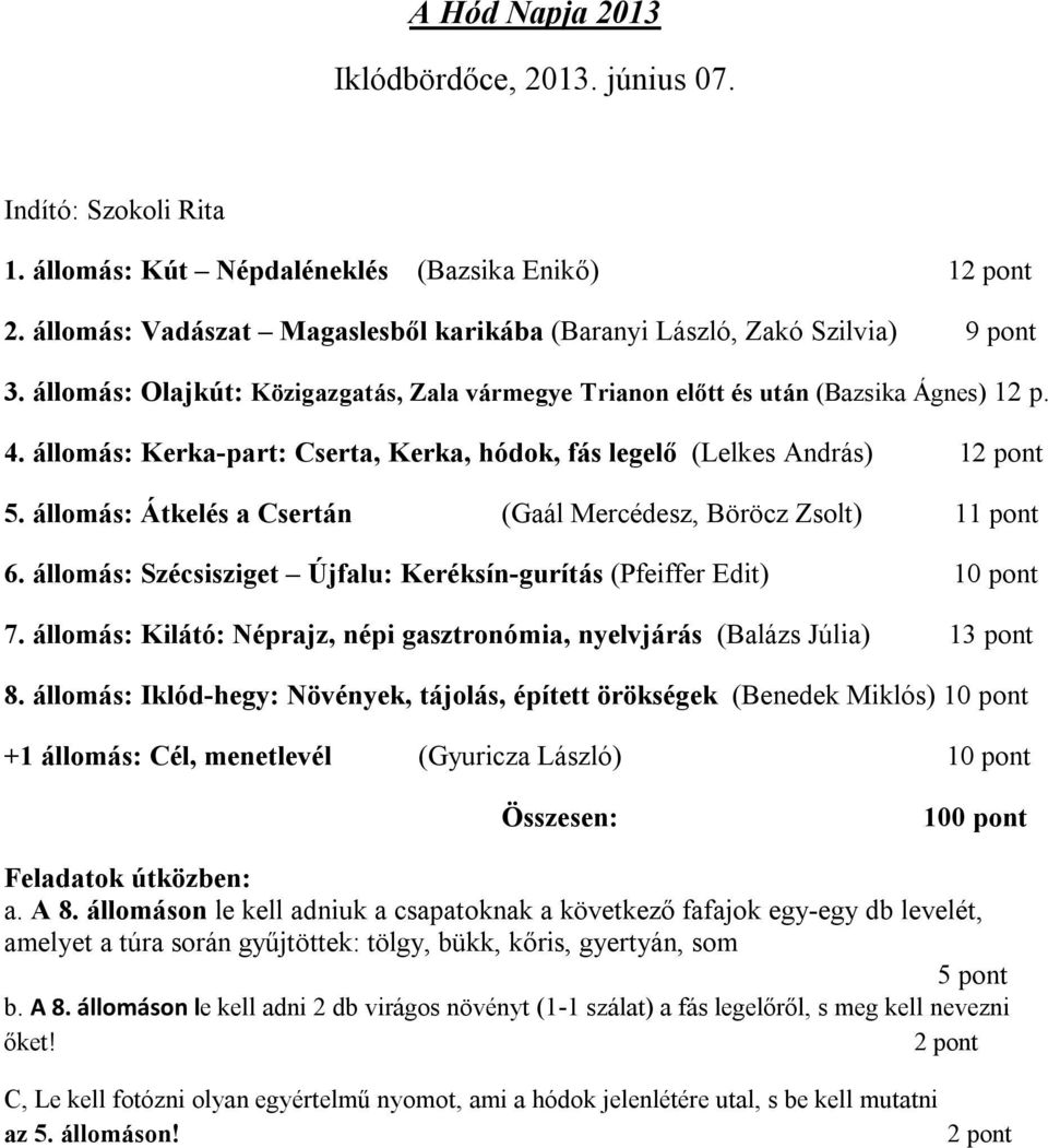 állomás: Átkelés a Csertán (Gaál Mercédesz, Böröcz Zsolt) 11 pont 6. állomás: Szécsisziget Újfalu: Keréksín-gurítás (Pfeiffer Edit) 10 pont 7.