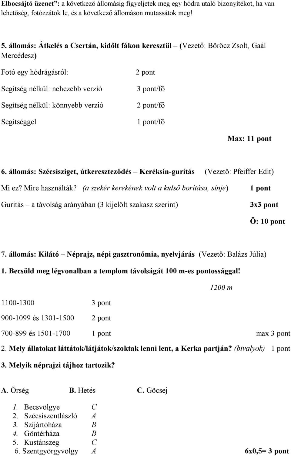 /fő 1 pont/fő Max: 11 pont 6. állomás: Szécsisziget, útkereszteződés Keréksín-gurítás (Vezető: Pfeiffer Edit) Mi ez? Mire használták?