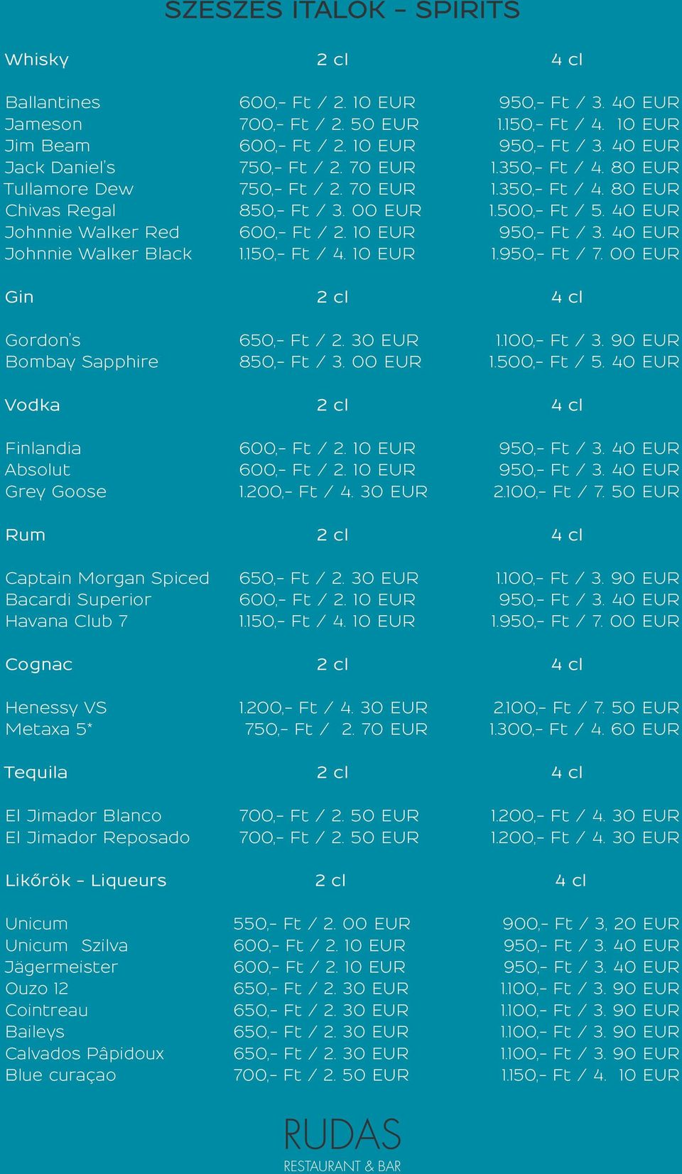 40 EUR Johnnie Walker Black 1.150,- Ft / 4. 10 EUR 1.950,- Ft / 7. 00 EUR Gin 2 cl 4 cl Gordon s 1.100,- Ft / 3. 90 EUR Bombay Sapphire 850,- Ft / 3. 00 EUR 1.500,- Ft / 5.