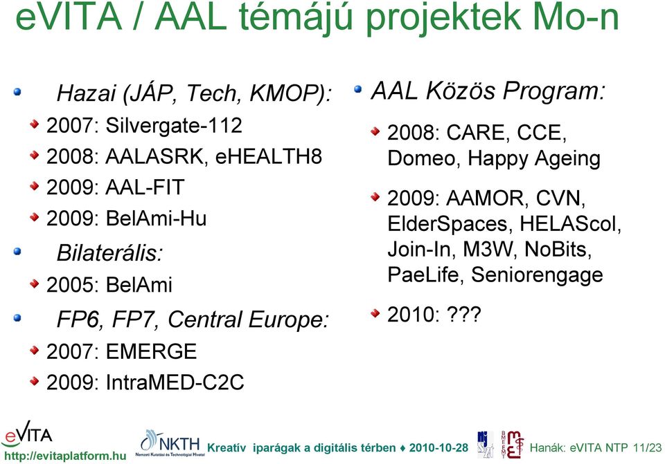 Europe: 2007: EMERGE 2009: IntraMED-C2C AAL Közös Program: 2008: CARE, CCE, Domeo, Happy