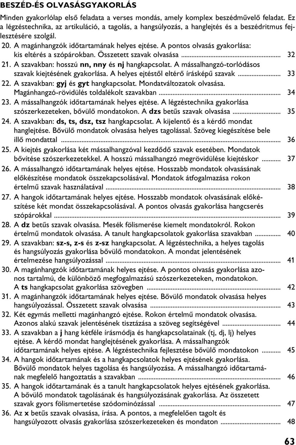 A pontos olvasás gyakorlása: kis eltérés a szópárokban. Összetett szavak olvasása... 32 21. A szavakban: hosszú nn, nny és nj hangkapcsolat. A mássalhangzó-torlódásos szavak kiejtésének gyakorlása.