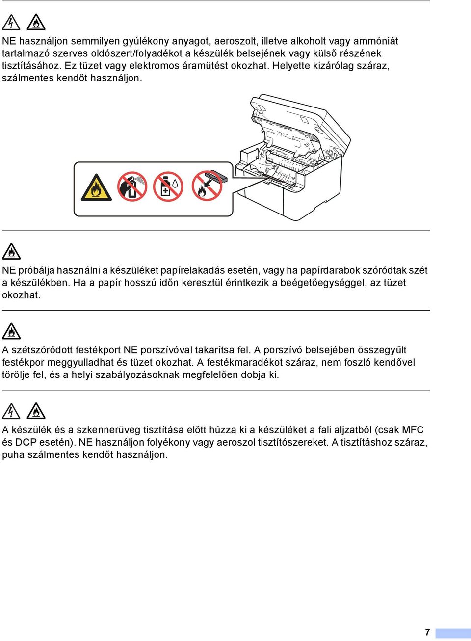 NE próbálja használni a készüléket papírelakadás esetén, vagy ha papírdarabok szóródtak szét a készülékben. Ha a papír hosszú időn keresztül érintkezik a beégetőegységgel, az tüzet okozhat.
