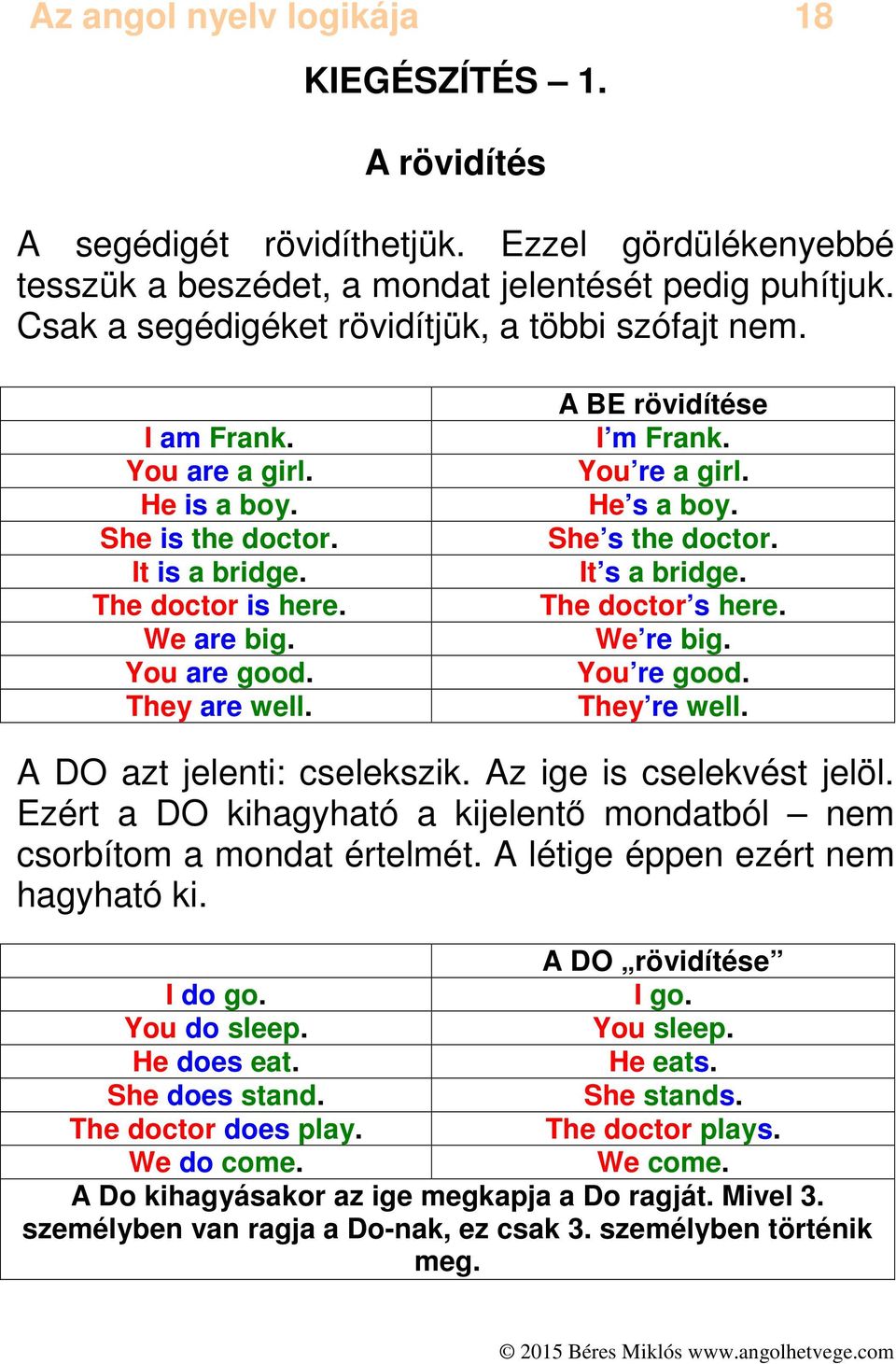 A BE rövidítése I m Frank. You re a girl. He s a boy. She s the doctor. It s a bridge. The doctor s here. We re big. You re good. They re well. A DO azt jelenti: cselekszik.