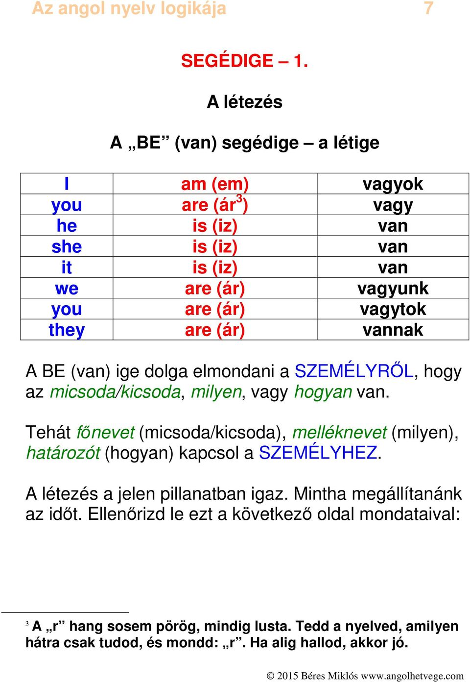 vagytok they are (ár) vannak A BE (van) ige dolga elmondani a SZEMÉLYRŐL, hogy az micsoda/kicsoda, milyen, vagy hogyan van.