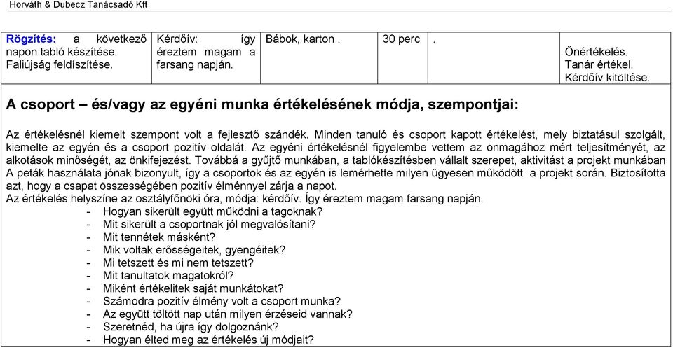 Minden tanuló és csoport kapott értékelést, mely biztatásul szolgált, kiemelte az egyén és a csoport pozitív oldalát.