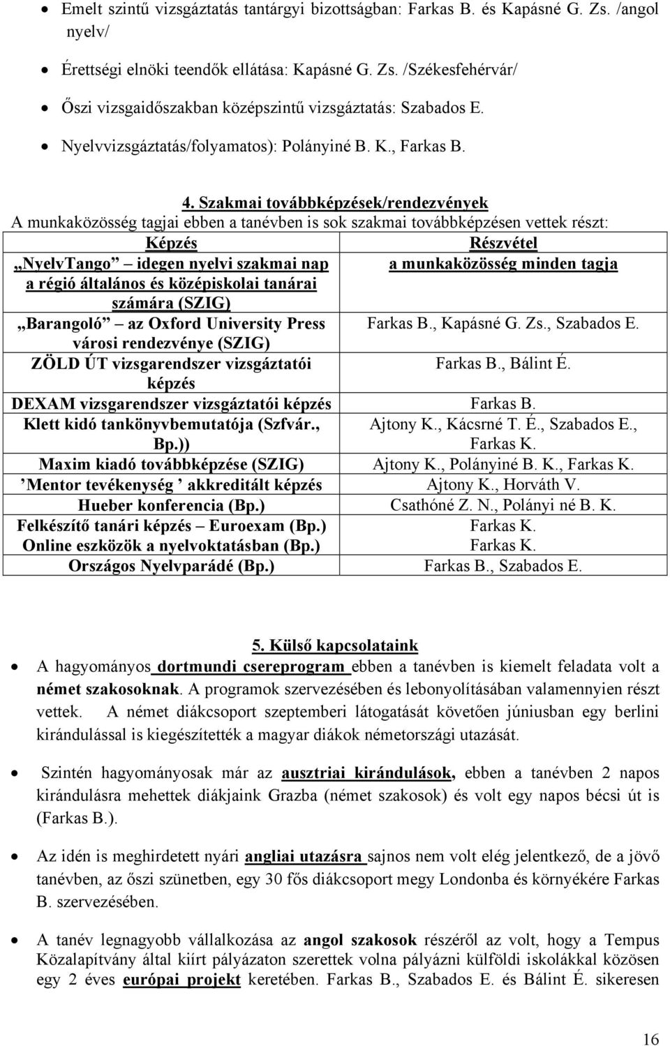 Szakmai továbbképzések/rendezvények A munkaközösség tagjai ebben a tanévben is sok szakmai továbbképzésen vettek részt: Képzés Részvétel NyelvTango idegen nyelvi szakmai nap a munkaközösség minden