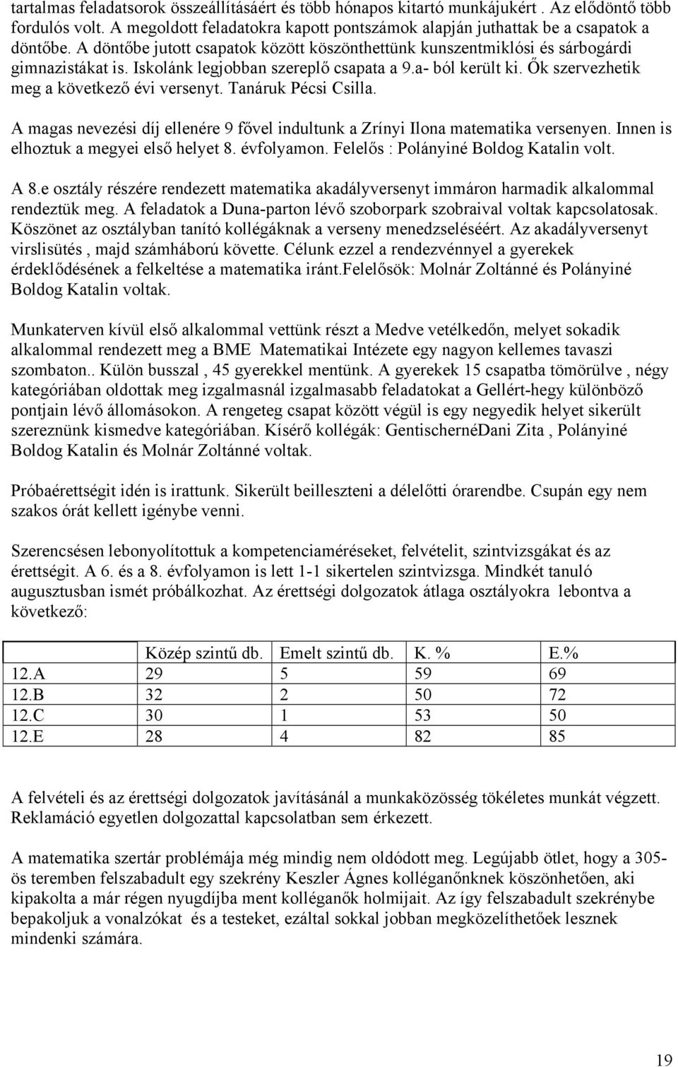 Tanáruk Pécsi Csilla. A magas nevezési díj ellenére 9 fővel indultunk a Zrínyi Ilona matematika versenyen. Innen is elhoztuk a megyei első helyet 8. évfolyamon.