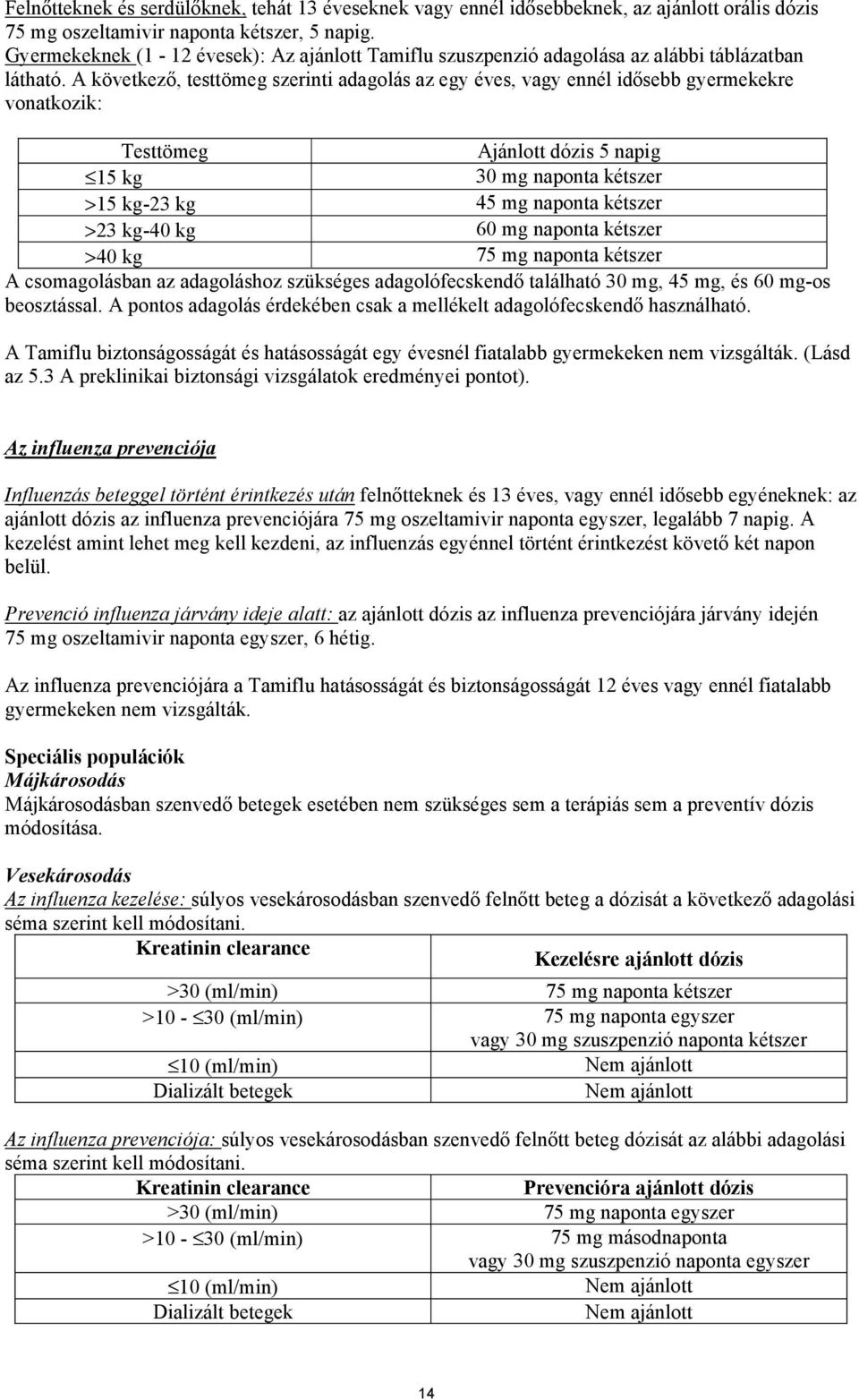 A következő, testtömeg szerinti adagolás az egy éves, vagy ennél idősebb gyermekekre vonatkozik: Testtömeg Ajánlott dózis 5 napig 15 kg 30 mg naponta kétszer >15 kg-23 kg 45 mg naponta kétszer >23