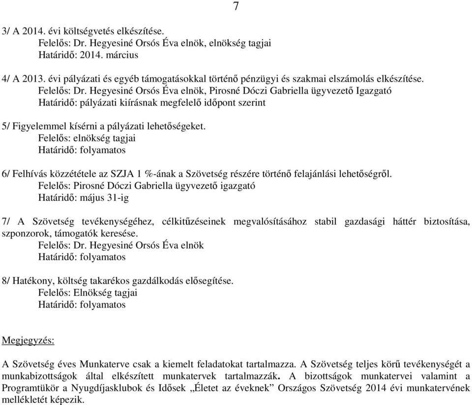 Felelős: elnökség tagjai 6/ Felhívás közzététele az SZJA 1 %-ának a Szövetség részére történő felajánlási lehetőségről.