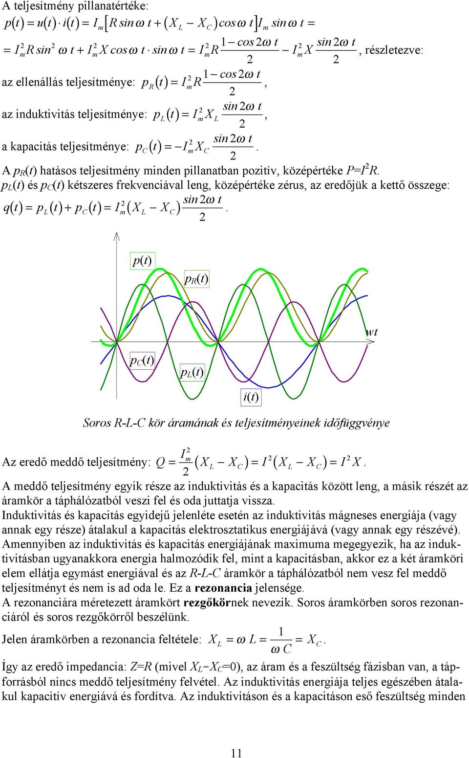 leng, középértéke zérus, az eredőjük a kettő összege: sin ω t qt = p t + p t = I( X X) p(t) p (t) p (t) p (t) Soros -- kör áraának és teljesítényeinek időfüggvénye Az eredő eddő teljesítény: ( ) ( )