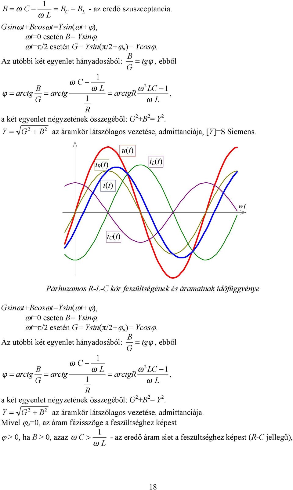 időfüggvénye Gsinωt+Bcosωt=Ysin(ωt+ϕ), ωt=0 esetén B= Ysinϕ, ωt=π/ esetén G= Ysin(π/+ϕ u )= Ycosϕ Az utóbbi két egyenlet hányadosából: B G = tgϕ, ebből ω ω ω ϕ = arctg B = = G arctg arctg, ω a két