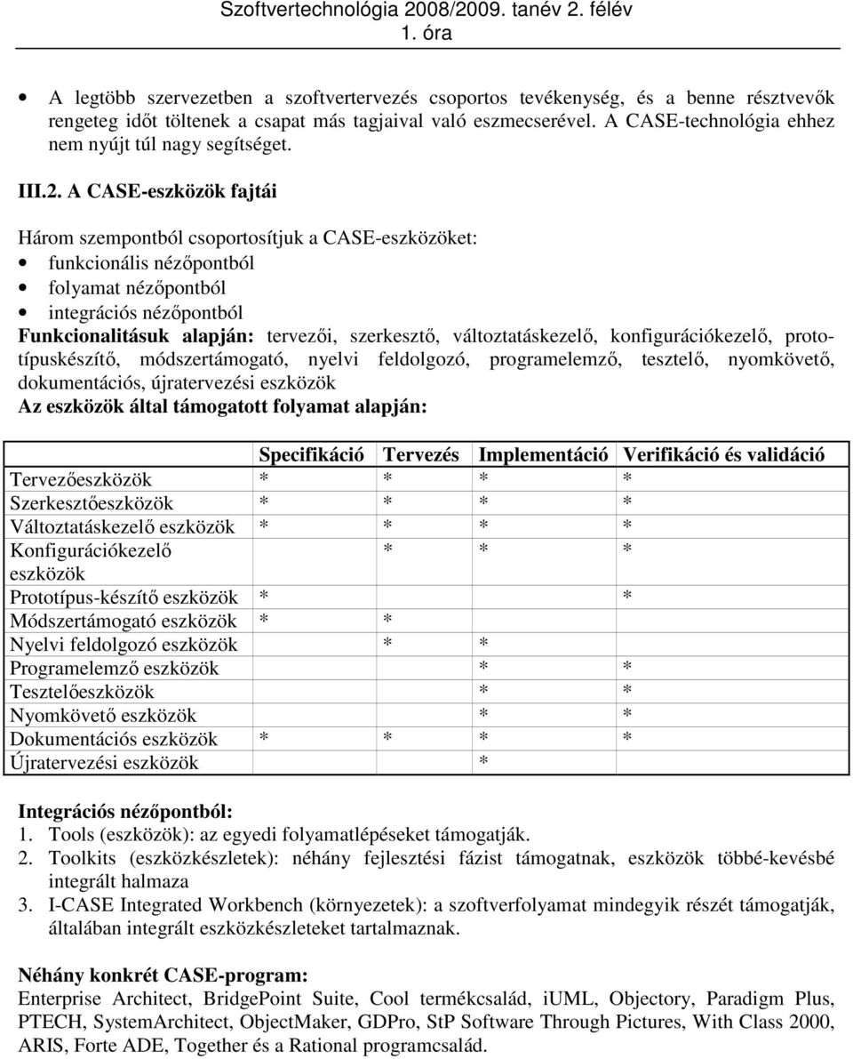 A CASE-eszközök fajtái Három szempontból csoportosítjuk a CASE-eszközöket: funkcionális nézıpontból folyamat nézıpontból integrációs nézıpontból Funkcionalitásuk alapján: tervezıi, szerkesztı,